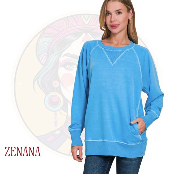 ZENANA 176L Ocean Blue French Terry Pullover with Pockets - Picture 1 of 1